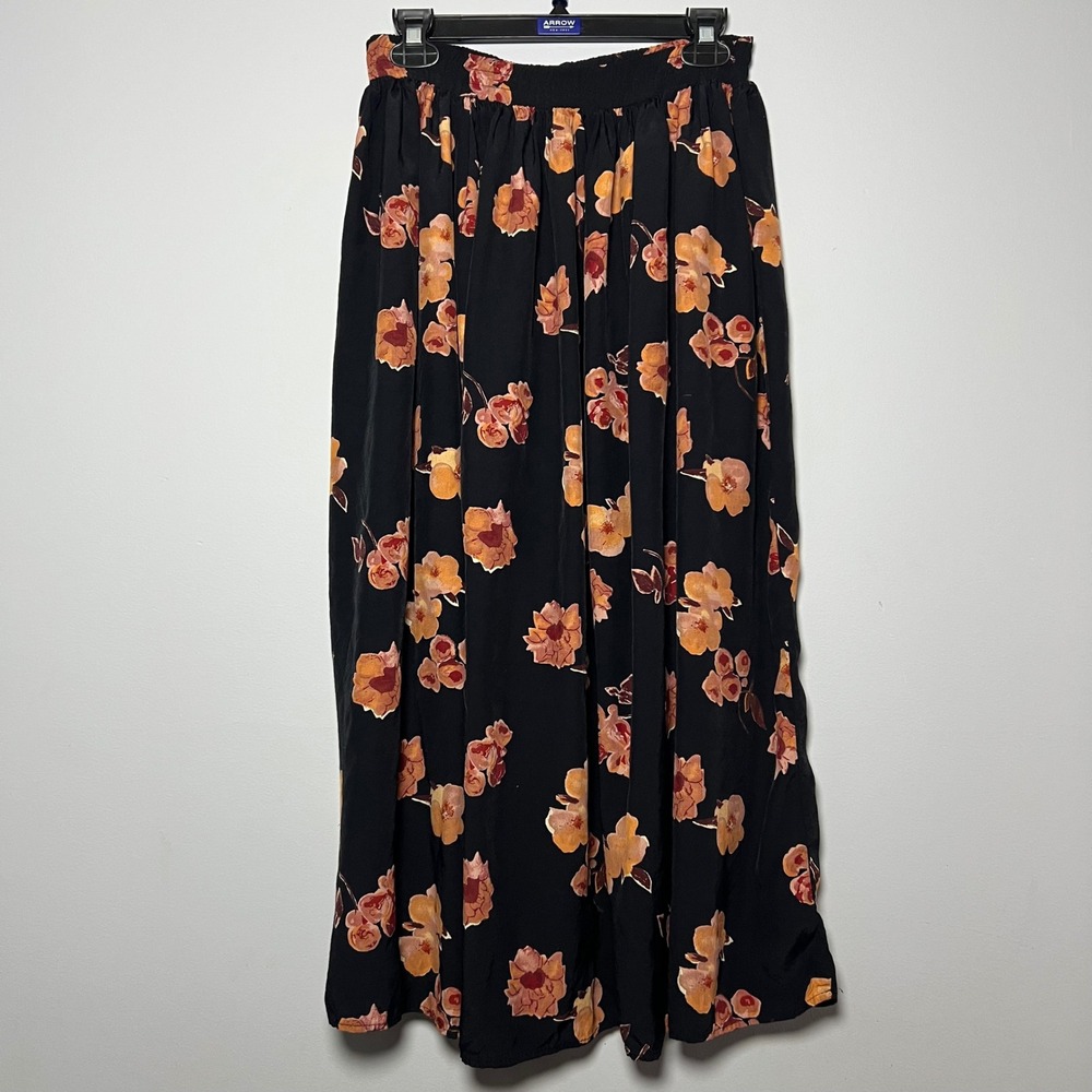 CLIO Dark Floral‎ Print Maxi Skirt Black Size Medium Elastic Waist Vintage USA